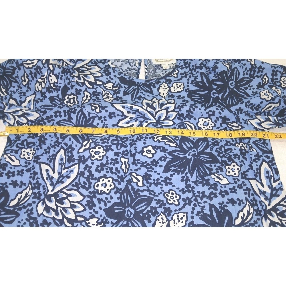 Sail to Sable Blue Floral Cotton Blouse Smocked Cuff Long Sleeve Top Large STS - Picture 3 of 8